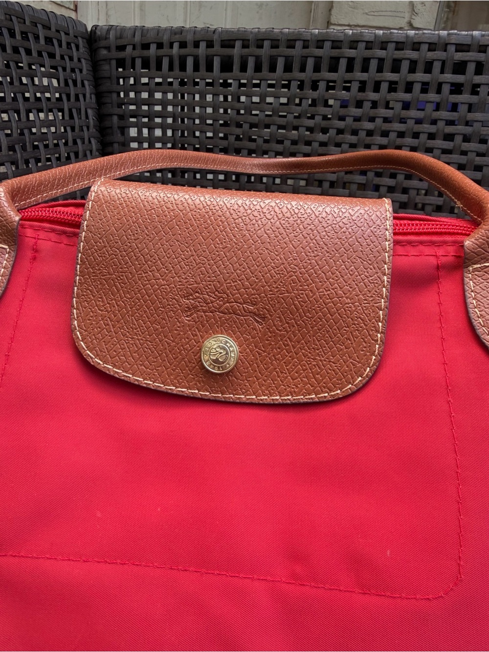 Longchamp Red Nylon Tote with Brown Leather Trim - Picture 5 of 8